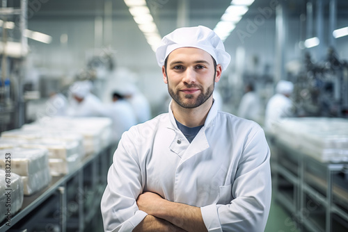 Technologist in protective uniform controlling food production photo