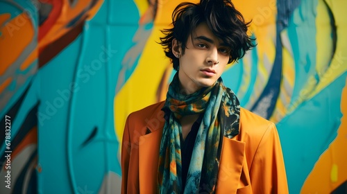 Gentleman on luxury colourful background , Beautiful fictional male model in colorful stylish fashion clothes 