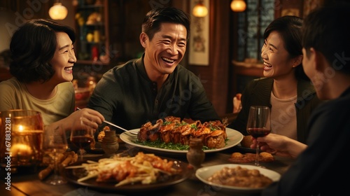 Happy asian family having dinner together in a restaurant. Smiling asian man and woman sitting at table with food