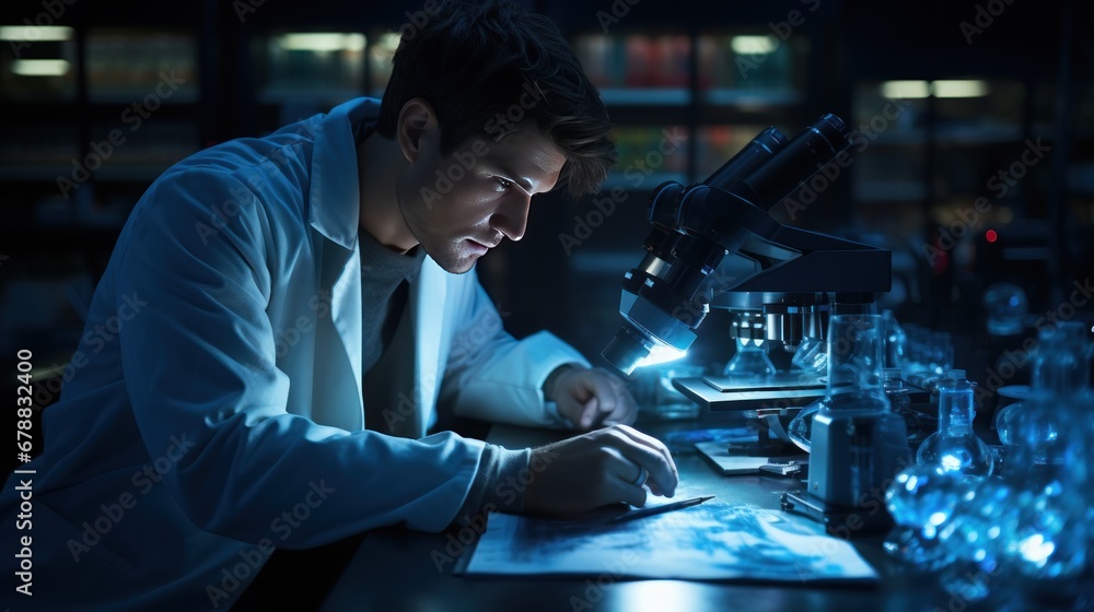 Scientist working with microscope and test tube in the laboratory at night Scientist working with microscope and test tube in the laboratory at night