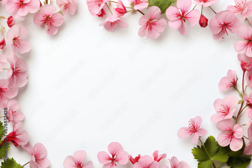 Pink cherry blossoms around a white central copy space