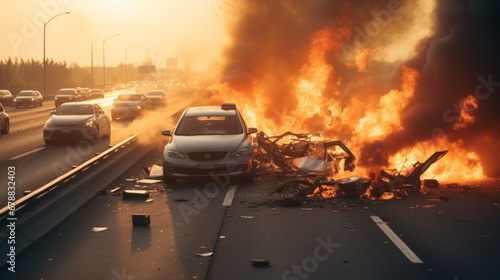 Highway Havoc - Vehicle Engulfed in Flames