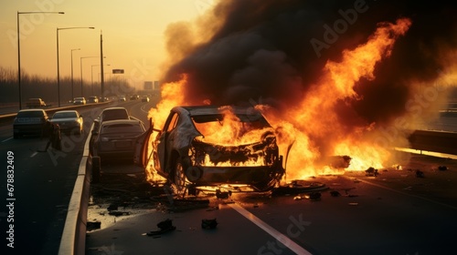 Highway Havoc - Vehicle Engulfed in Flames