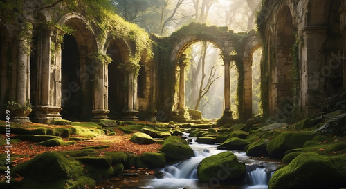 An ancient, overgrown ruin hidden deep within a dense, mystical forest - AI Generative