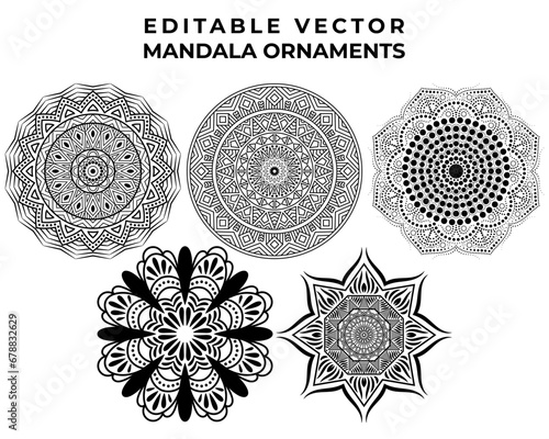 Collection of mandala ornamental decoration pattern vector. Set of isolated cut out african aborigin floral henna pattern in black and white outline for coloring book. photo