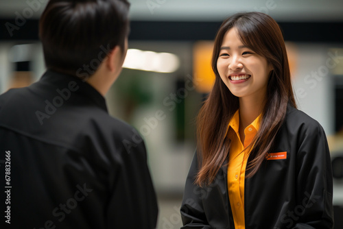 Young Asian female employee receiving recognition award from senior colleague. Proud employee in office celebration ceremony, achievement and success concept