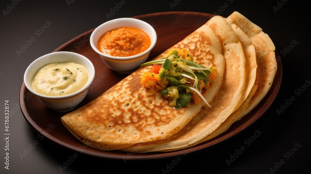Dosa is a south indian popular breakfast dish in India. Aerial View.
Dosa is a south indian popular breakfast dish in India. Aerial View.