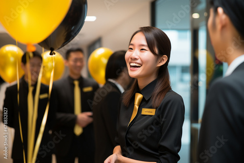 Young Asian female employee receiving recognition award from senior colleague. Proud employee in office celebration ceremony, achievement and success concept