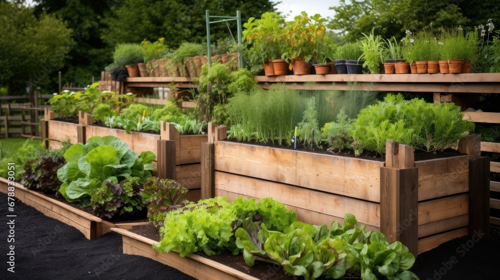 Vegetable garden in a wooden box on a sunny summer day Vegetable garden in a wooden box on a sunny summer day