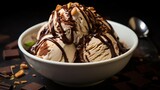 Vanilla ice cream with chocolate and nuts on a dark background
