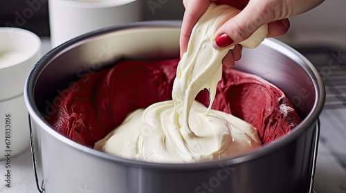 Filling metal bundt cake pan with cake butter to bake red velvet bundt cake with cream cheese glaze.

