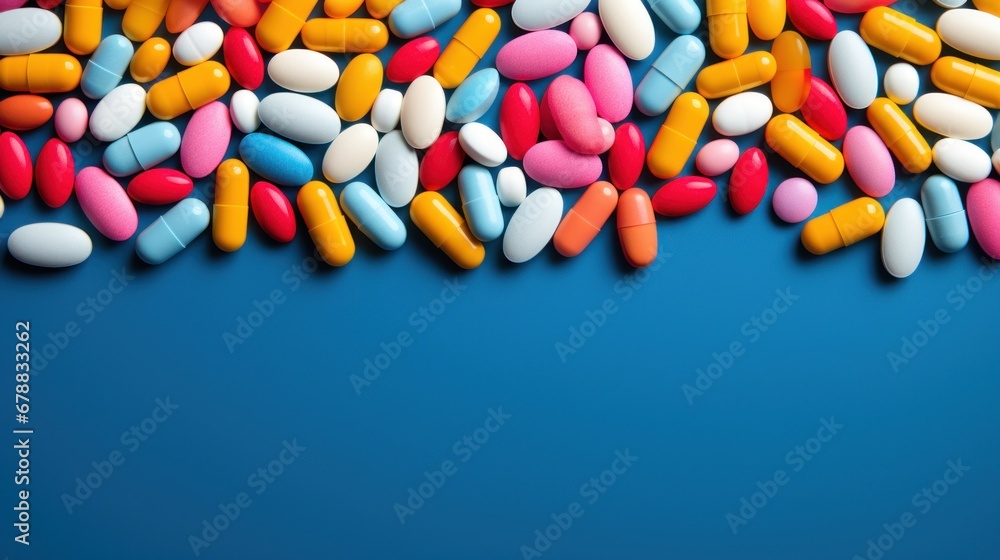 Obraz premium Pills on blue background. Top view with copy space