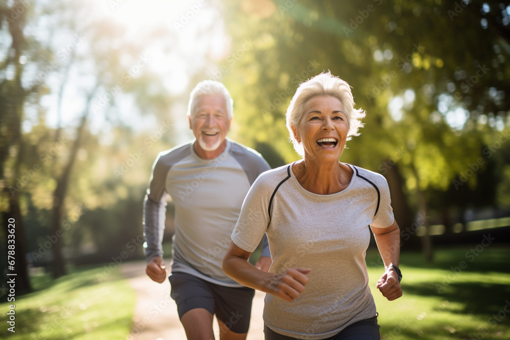 Elderly old couple jogging in a park: Celebrating health and fitness in later life Elderly old couple jogging in a park: Celebrating health and fitness in later life