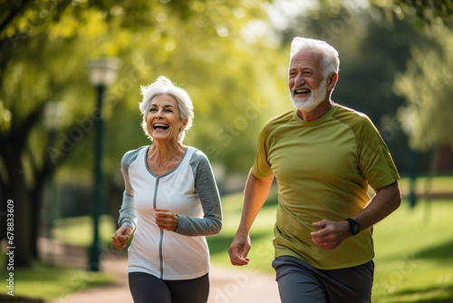 Elderly old couple jogging in a park: Celebrating health and fitness in later life