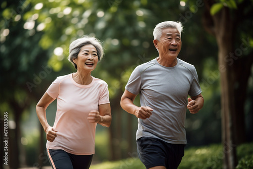 Elderly old couple jogging in a park: Celebrating health and fitness in later life