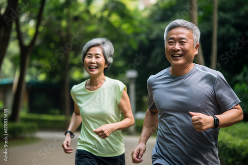 Elderly couple jogging in a park  Celebrating health and fitness in later life