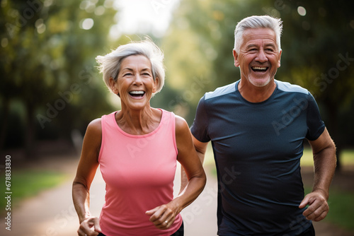 Elderly couple jogging in a park: Celebrating health and fitness in later life