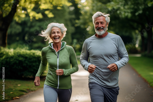 Elderly couple jogging in a park: Celebrating health and fitness in later life
