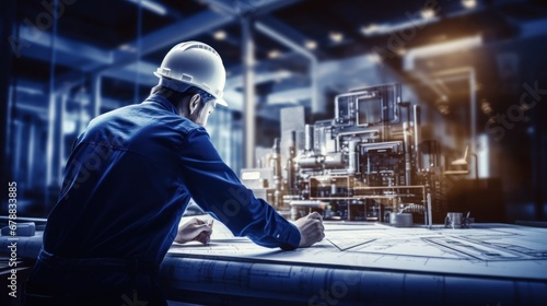 Engineer working with blueprints at industrial plant photo