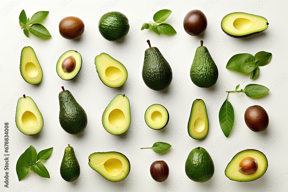 Avocado, slices and green leaves composition isolated on white background. Top view. Flat lay. Generative AI. Avocado, slices and green leaves composition isolated on white background. Top view. Flat lay. Generative AI.