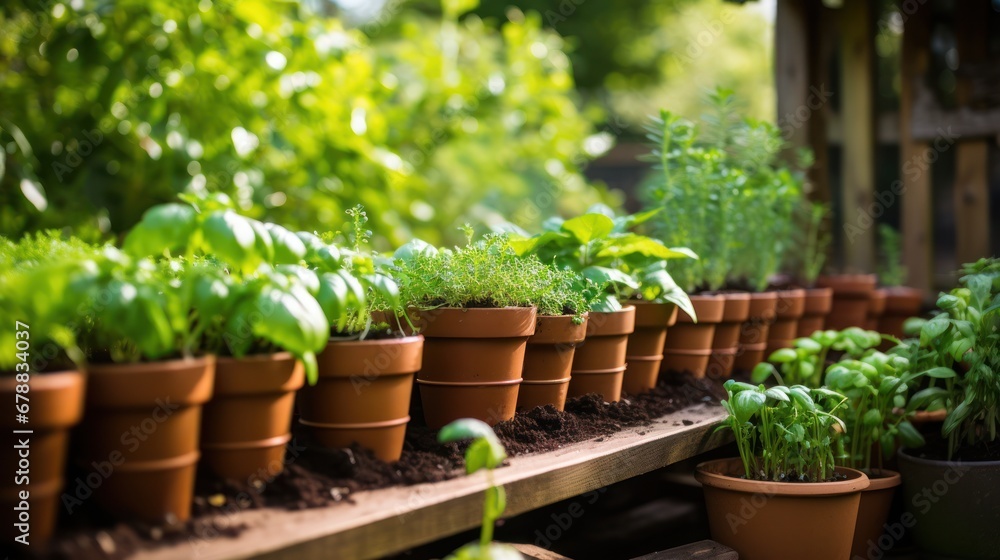 Fresh herbs in terracotta pots in the garden. Gardening concept Fresh herbs in terracotta pots in the garden. Gardening concept