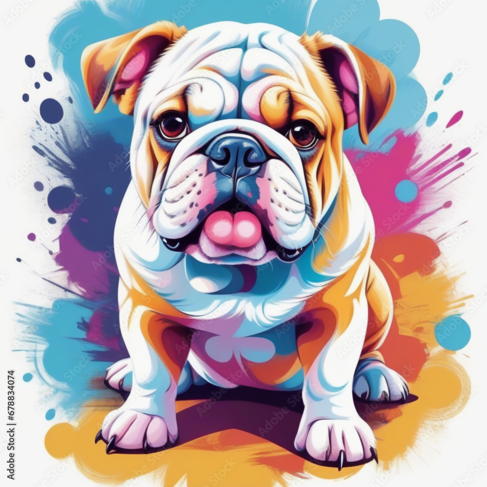 t-shirt graphic design art, flat illustration of a cute bulldog frances, colorful tones, highly detailed cleaning, vector image, photorealistic masterpiece, professional photography, plain white backg