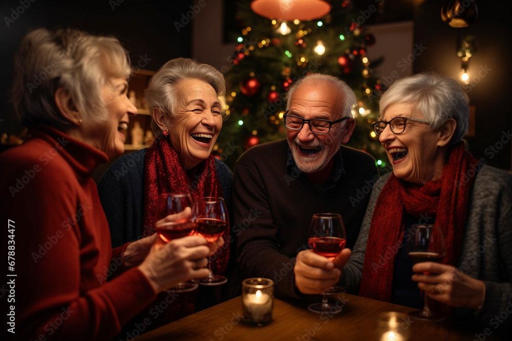 Friends pensioners joyfully celebrate Christmas in a cafe.
