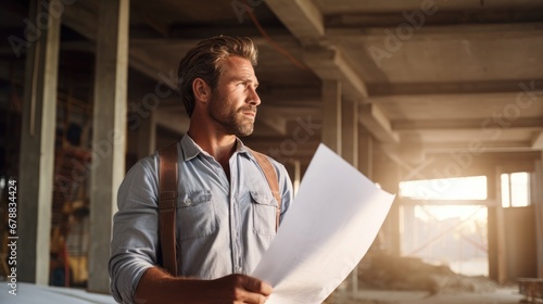 Mid-adult Caucasian male architect looking at blueprint, while observing the work on a construction site.