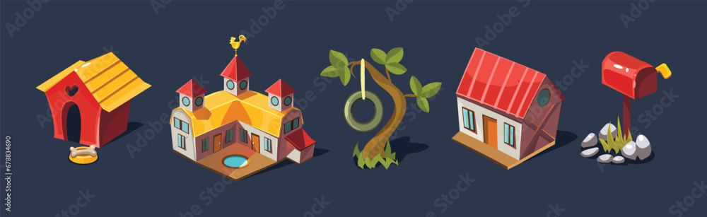 Kennel, House, Tree and Post Box Game Isometric Element Vector Set