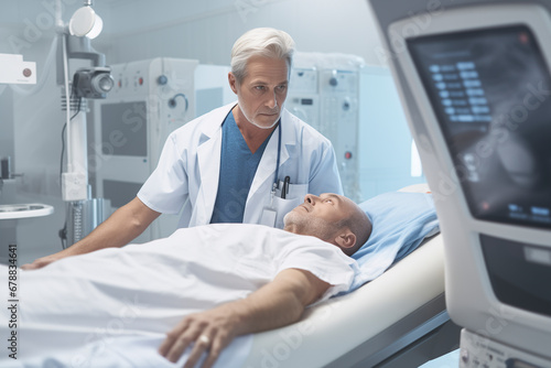 Male doctor and patient undergoing CT scan.