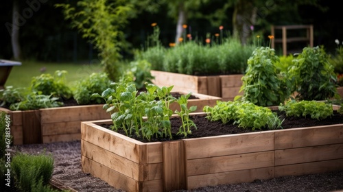 Organic vegetable garden with seedlings in wooden boxes. Gardening concept