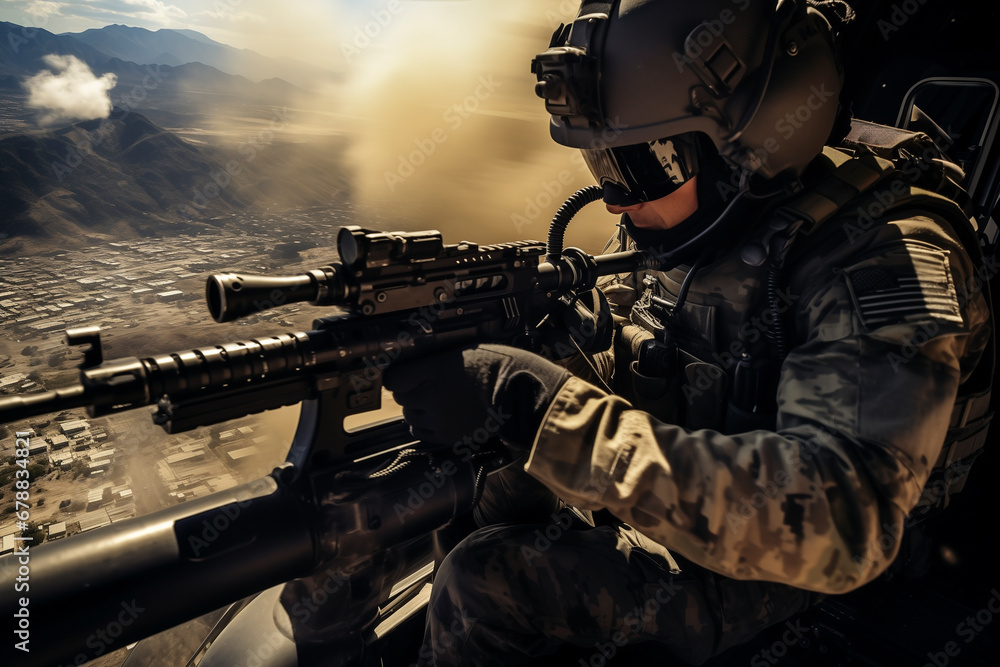A soldier in uniform with a machine gun in his hands is flying in a helicopter, preparing for battle. A soldier in uniform with a machine gun in his hands is flying in a helicopter, preparing for battle.