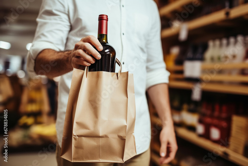 Canvas Print Paper bag with a bottle of wine in the hands of a buyer close-up