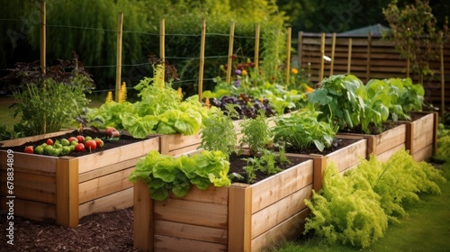 Organic vegetables growing in wooden boxes in a garden