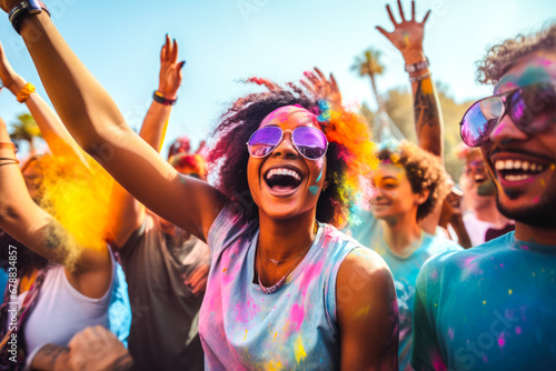 Diverse group of friends enjoying a music festival or concert, showcase of embodiment of energy and vitality of live concert fun