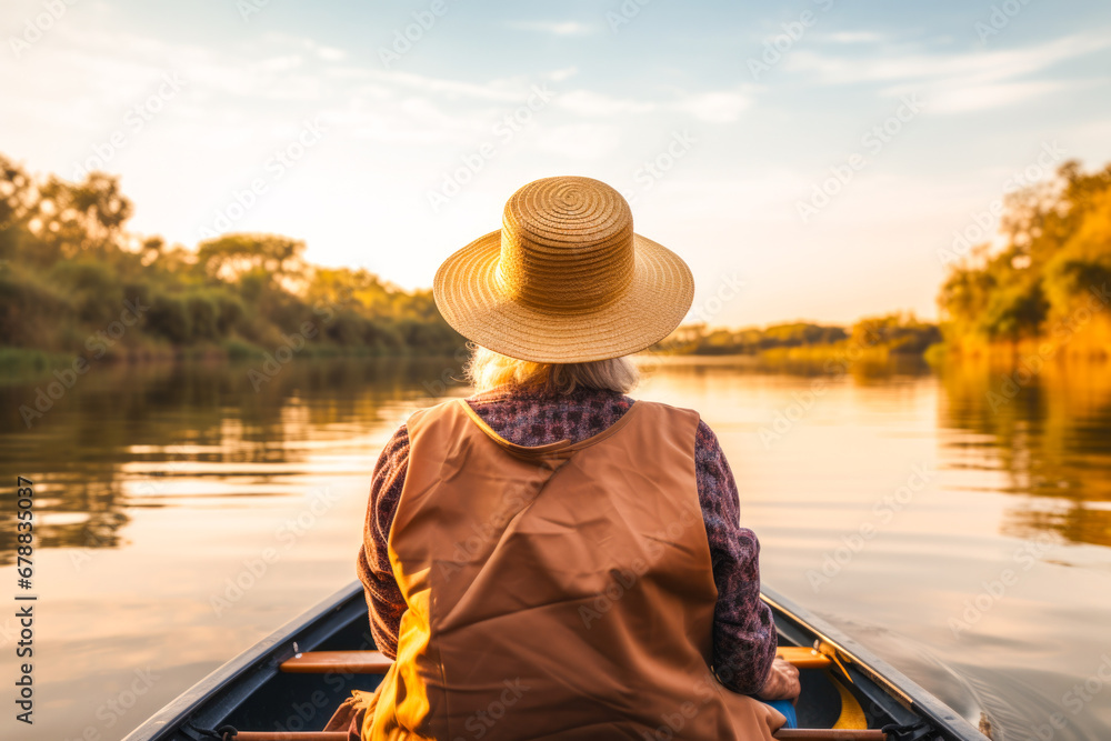 Rear view of a retired older woman enjoying a peaceful moment while canoeing or kayaking on calm waters during late afternoon. A serene scene, contemplative solitude and tranquility Rear view of a retired older woman enjoying a peaceful moment while canoeing or kayaking on calm waters during late afternoon. A serene scene, contemplative solitude and tranquility