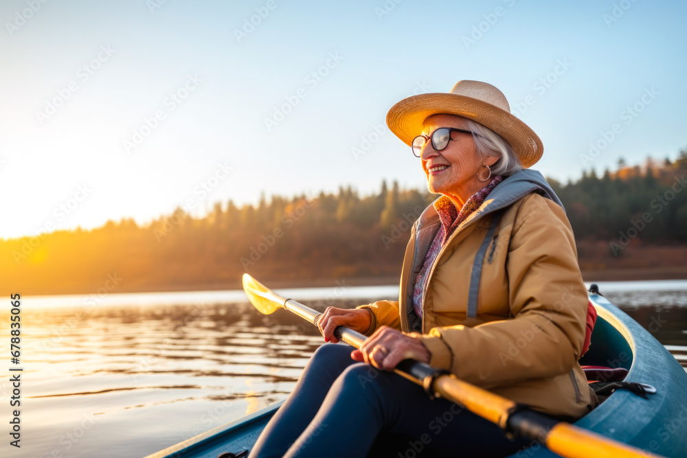 Retired older woman enjoying a peaceful moment while canoeing or kayaking on calm waters during late afternoon or dusk. A serene scene, contemplative solitude and tranquility Retired older woman enjoying a peaceful moment while canoeing or kayaking on calm waters during late afternoon or dusk. A serene scene, contemplative solitude and tranquility