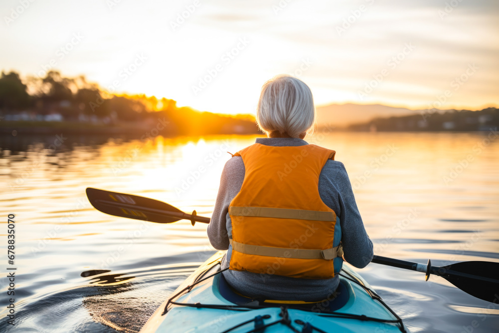 Rear view of a retired older woman enjoying a peaceful moment while canoeing or kayaking on calm waters during late afternoon. A serene scene, contemplative solitude and tranquility - obrazy, fototapety, plakaty 