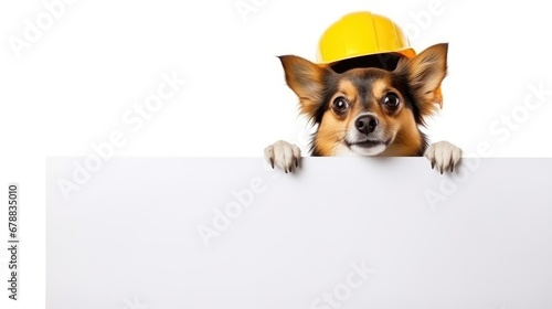 Handyman dog worker with helmet behind blank white banner ,ready to repair, fix everything at home, isolated on white background.   © Creative Station