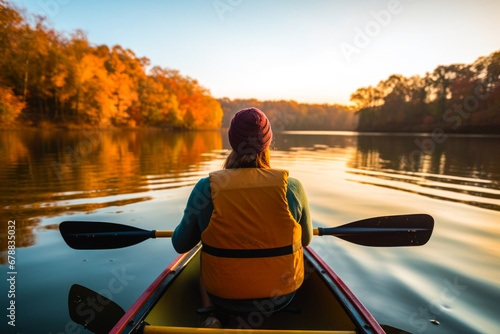 Rear view of a retired older woman enjoying a peaceful moment while canoeing or kayaking on calm waters during late afternoon. A serene scene  contemplative solitude and tranquility