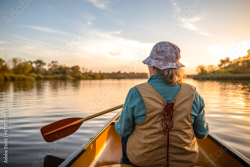 Rear view of a retired older woman enjoying a peaceful moment while canoeing or kayaking on calm waters during late afternoon. A serene scene, contemplative solitude and tranquility © MVProductions