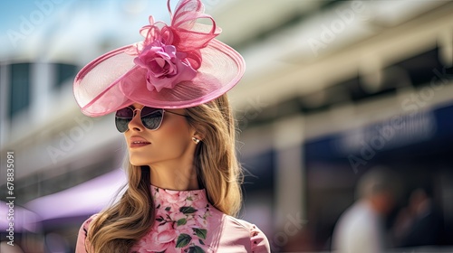 Sideview of beautiful lady in a proper outfit for horse racing day on the Melbourne Cup event on hippodrome, fashion on the field.
