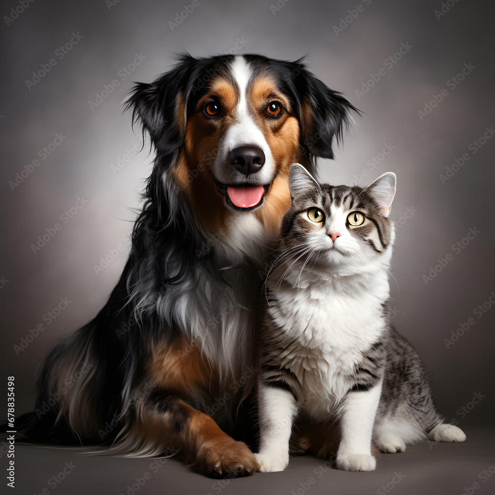 Capture the joyous moment as a happy dog and cat gaze together at the camera, set against a transparent background. Witness the heartwarming friendship between these two pets Capture the joyous moment as a happy dog and cat gaze together at the camera, set against a transparent background. Witness the heartwarming friendship between these two pets
