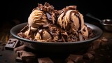 Scoops of ice cream in a bowl with chocolate and caramel