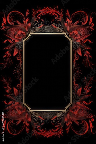 graphic vertical frame, red, flowers, black background, Cornice floreale rossa decorata verticale rettangolare dorso carta cartolina copertina libro