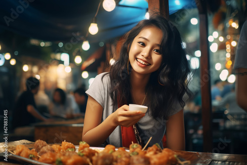 Young Asian woman enjoying fries street food at night market