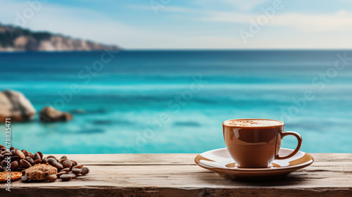 A glass of coffee on a table with the ocean in the distance.