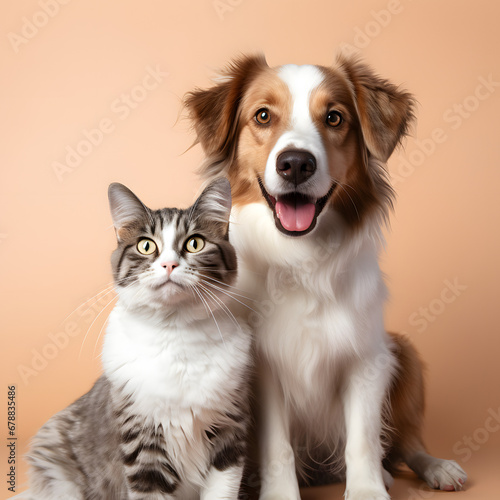 Capture the joyous moment as a happy dog and cat gaze together at the camera, set against a transparent background. Witness the heartwarming friendship between these two pets