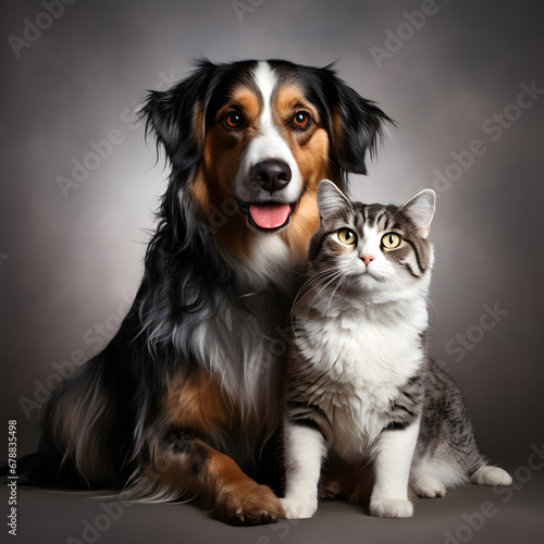 Capture the joyous moment as a happy dog and cat gaze together at the camera, set against a transparent background. Witness the heartwarming friendship between these two pets