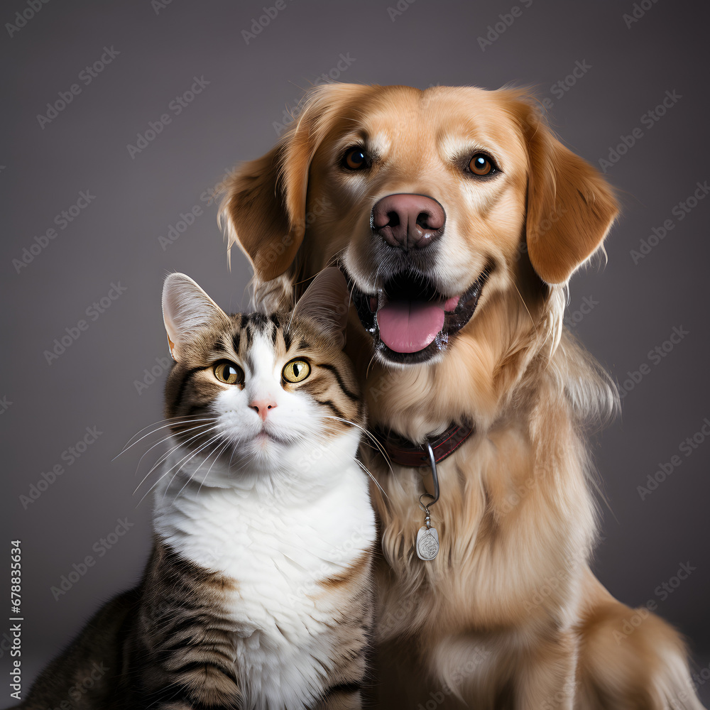 Capture the joyous moment as a happy dog and cat gaze together at the camera, set against a transparent background. Witness the heartwarming friendship between these two pets Capture the joyous moment as a happy dog and cat gaze together at the camera, set against a transparent background. Witness the heartwarming friendship between these two pets